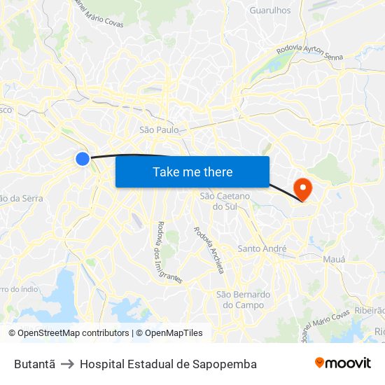 Butantã to Hospital Estadual de Sapopemba map