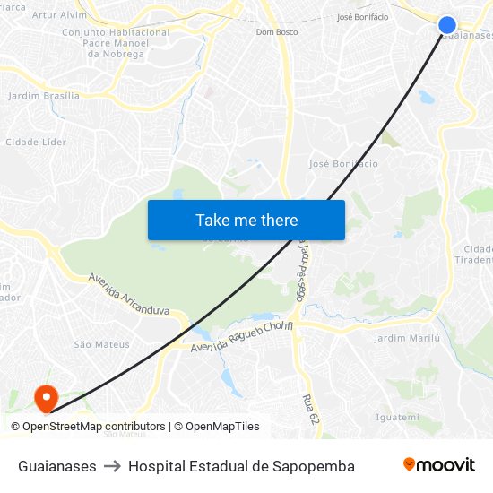 Guaianases to Hospital Estadual de Sapopemba map