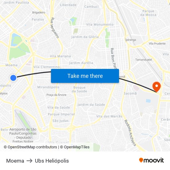 Moema to Ubs Heliópolis map