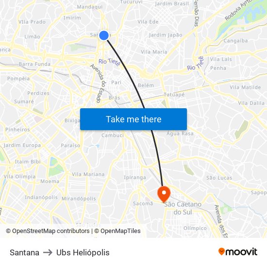 Santana to Ubs Heliópolis map