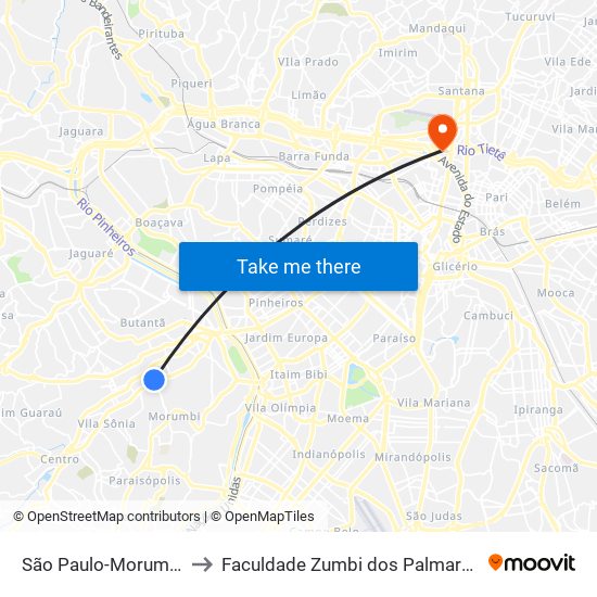 São Paulo-Morumbi to Faculdade Zumbi dos Palmares map