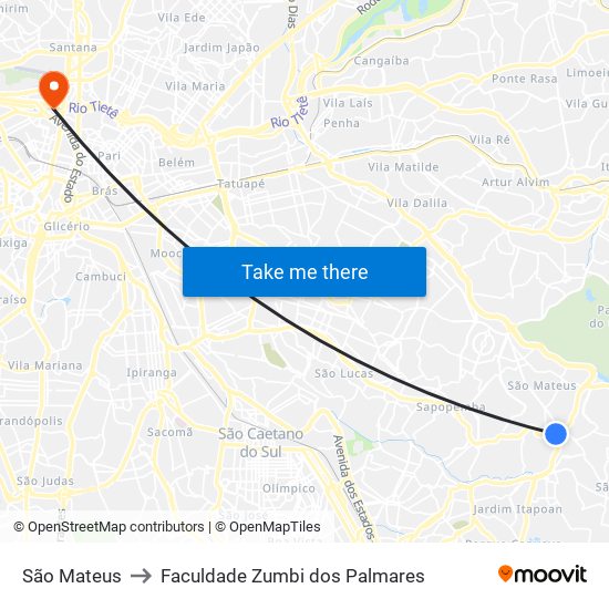 São Mateus to Faculdade Zumbi dos Palmares map