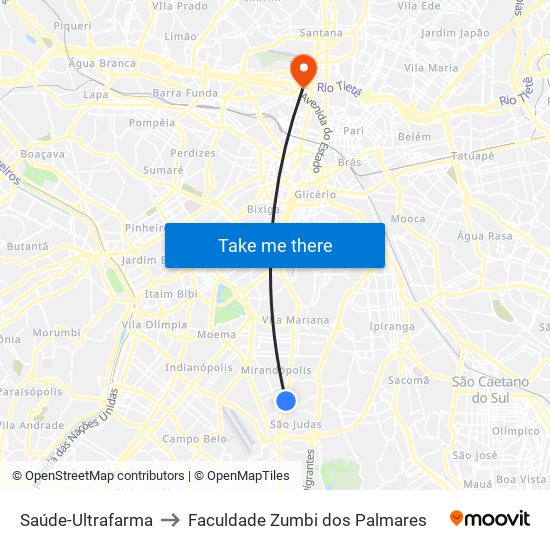 Saúde-Ultrafarma to Faculdade Zumbi dos Palmares map