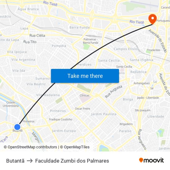 Butantã to Faculdade Zumbi dos Palmares map