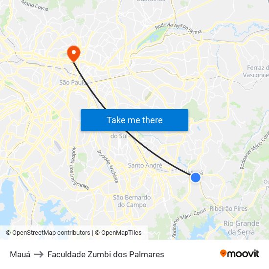 Mauá to Faculdade Zumbi dos Palmares map