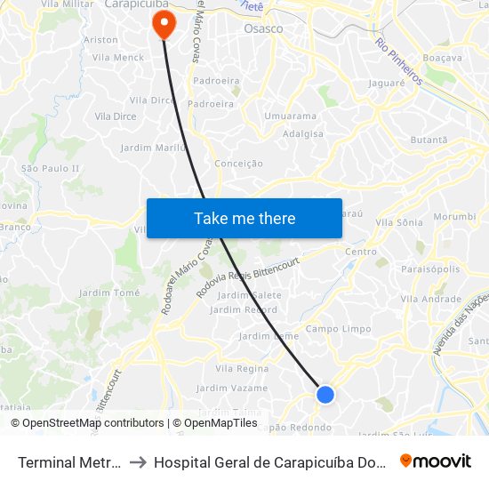 Terminal Metro Capão Redondo to Hospital Geral de Carapicuíba Doutor Francisco de Moura Coutinho Filho map