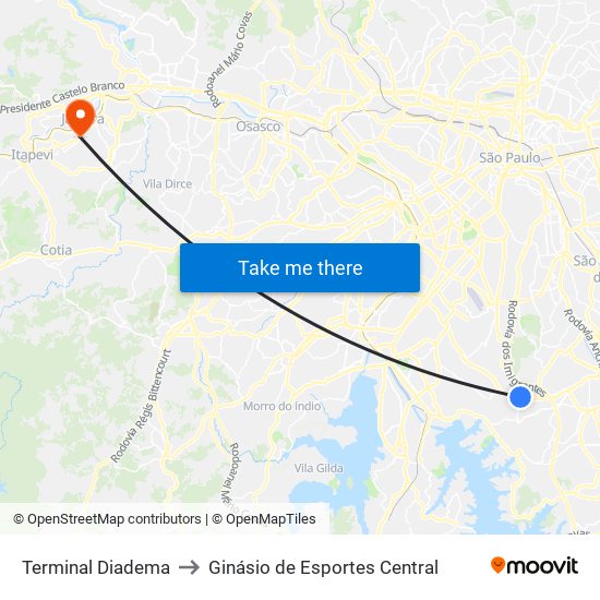 Terminal Diadema to Ginásio de Esportes Central map