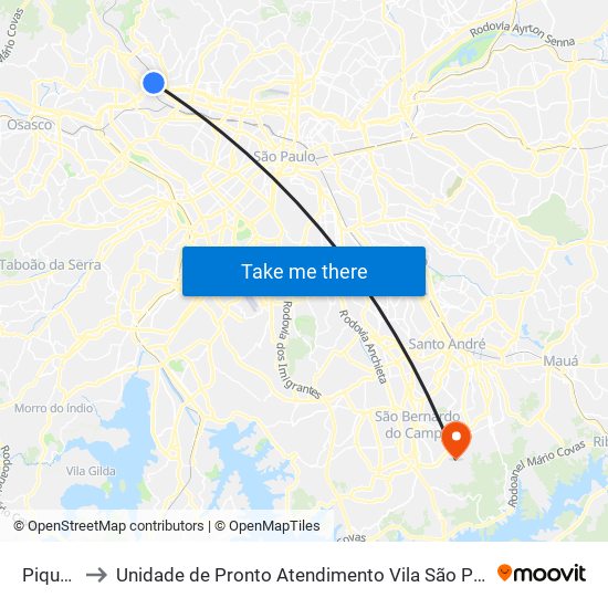 Piqueri to Unidade de Pronto Atendimento Vila São Pedro map