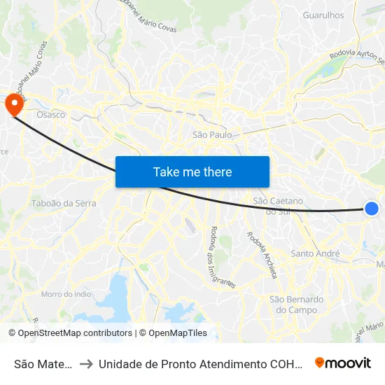 São Mateus to Unidade de Pronto Atendimento COHAB II map
