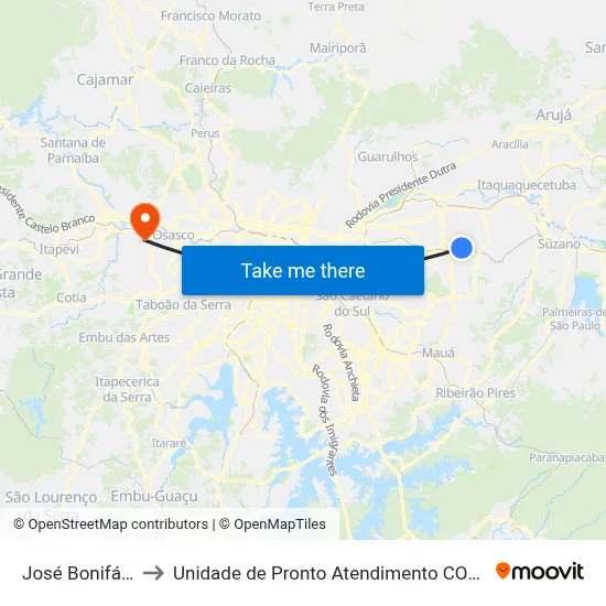 José Bonifácio to Unidade de Pronto Atendimento COHAB II map
