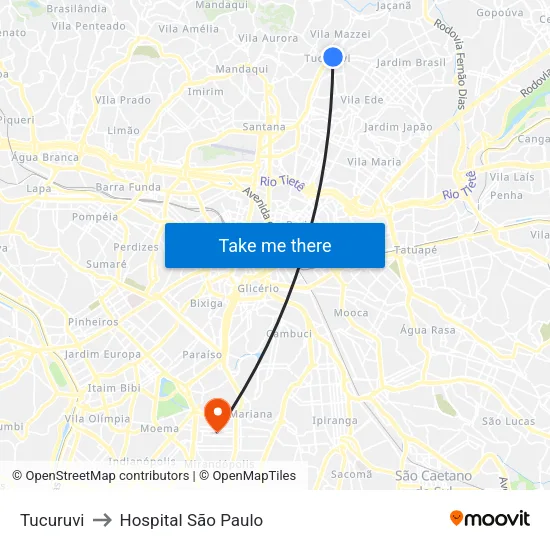 Tucuruvi to Hospital São Paulo map
