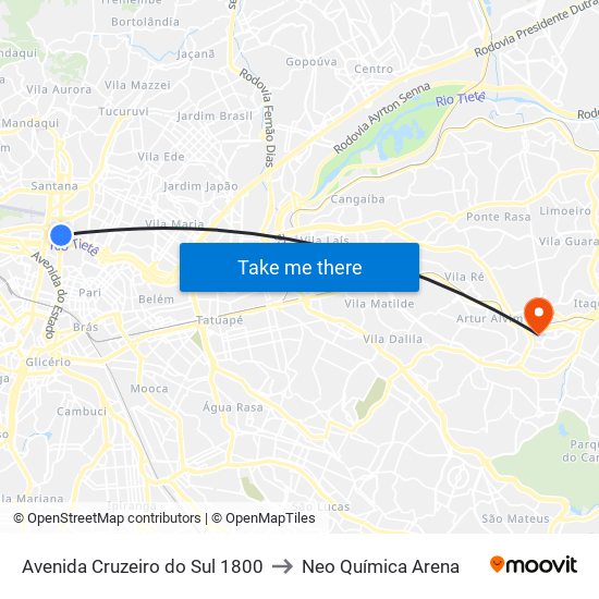 Avenida Cruzeiro do Sul 1800 to Neo Química Arena map