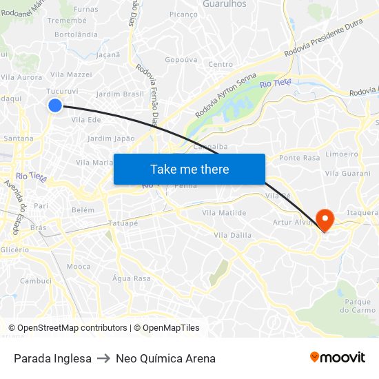 Parada Inglesa to Neo Química Arena map