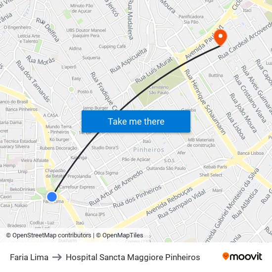 Faria Lima to Hospital Sancta Maggiore Pinheiros map