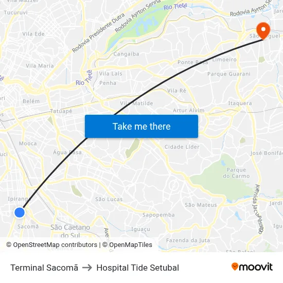 Terminal Sacomã to Hospital Tide Setubal map
