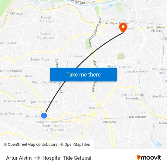 Artur Alvim to Hospital Tide Setubal map