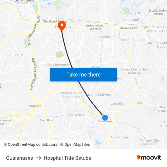 Guaianases to Hospital Tide Setubal map