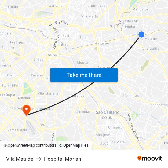 Vila Matilde to Hospital Moriah map