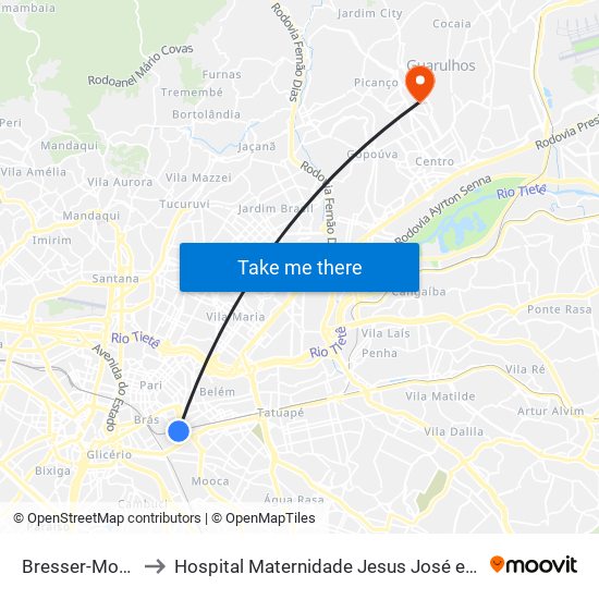 Bresser-Mooca to Hospital Maternidade Jesus José e Maria map