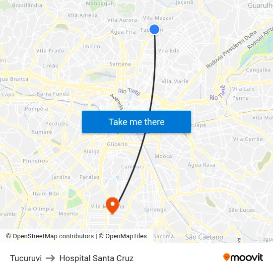 Tucuruvi to Hospital Santa Cruz map