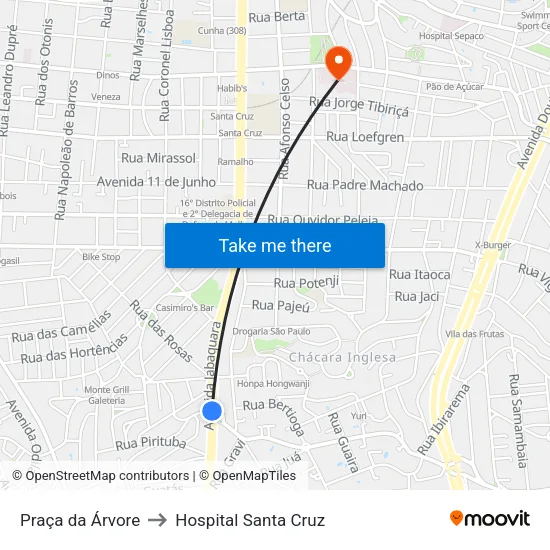 Praça da Árvore to Hospital Santa Cruz map