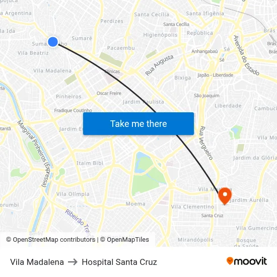 Vila Madalena to Hospital Santa Cruz map
