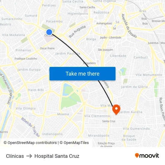 Clínicas to Hospital Santa Cruz map