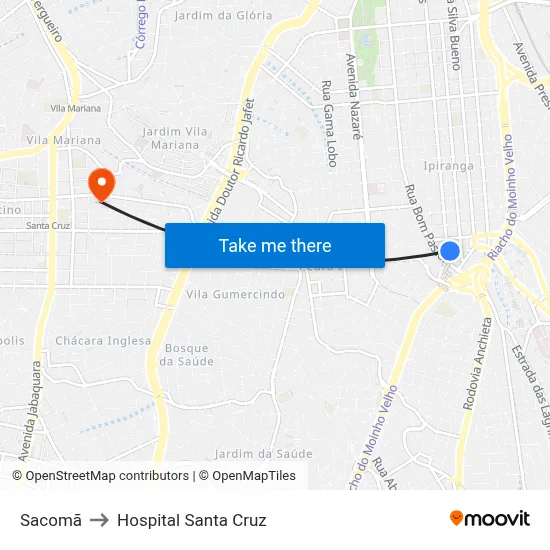 Sacomã to Hospital Santa Cruz map