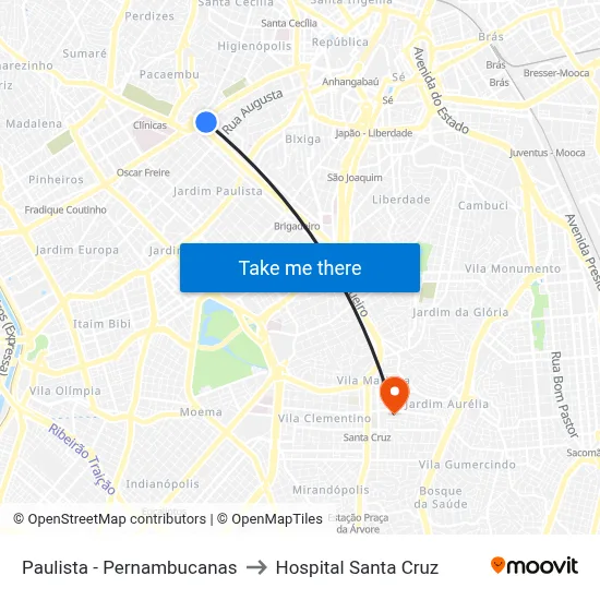 Paulista - Pernambucanas to Hospital Santa Cruz map