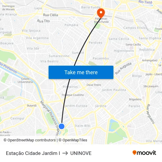 Estação Cidade Jardim I to UNINOVE map