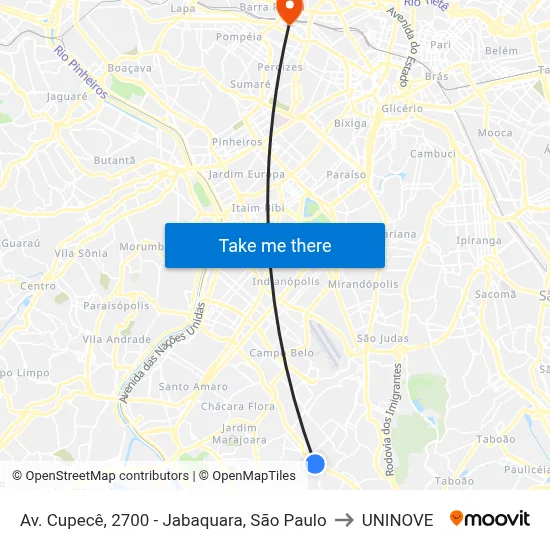 Av. Cupecê, 2700 - Jabaquara, São Paulo to UNINOVE map