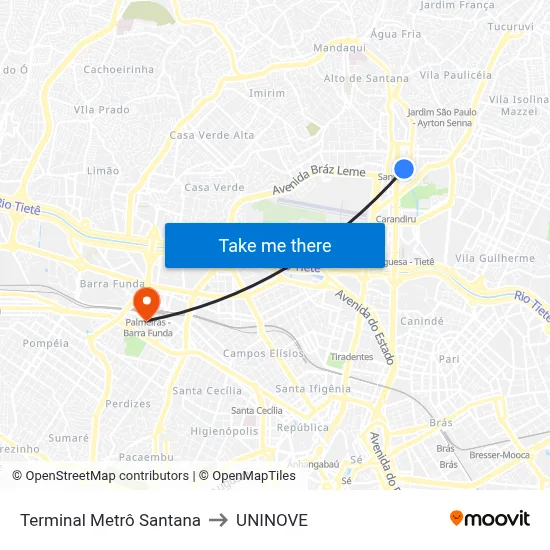 Terminal Metrô Santana to UNINOVE map