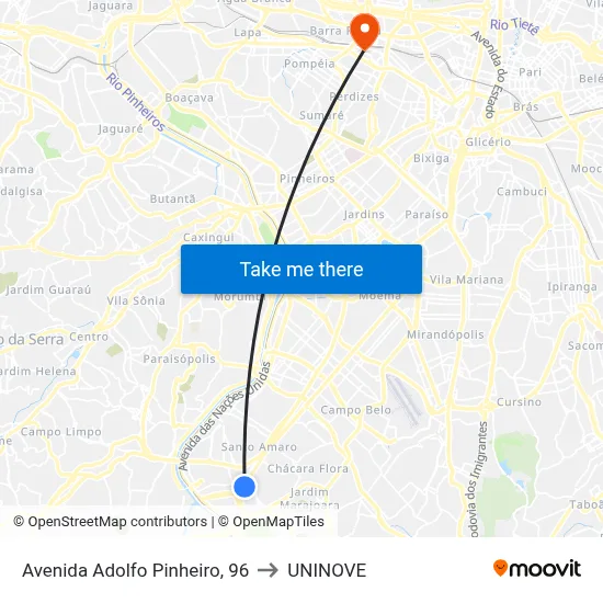 Avenida Adolfo Pinheiro, 96 to UNINOVE map