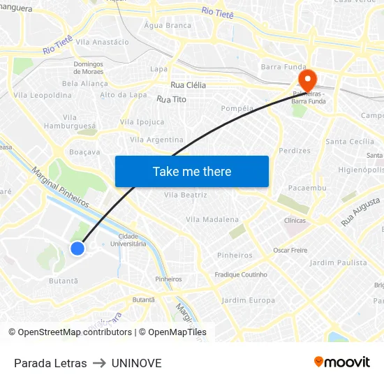 Parada Letras to UNINOVE map