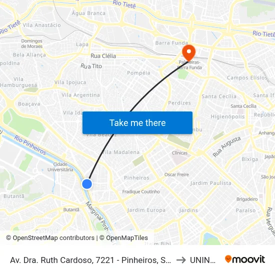 Av. Dra. Ruth Cardoso, 7221 - Pinheiros, São Paulo to UNINOVE map