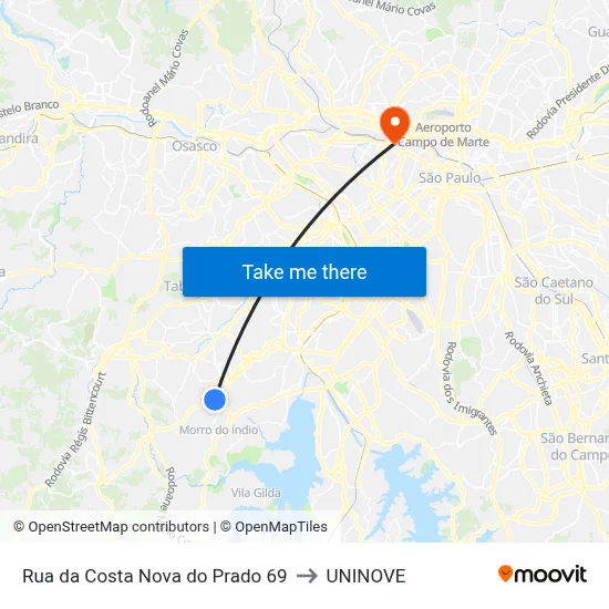Rua da Costa Nova do Prado 69 to UNINOVE map