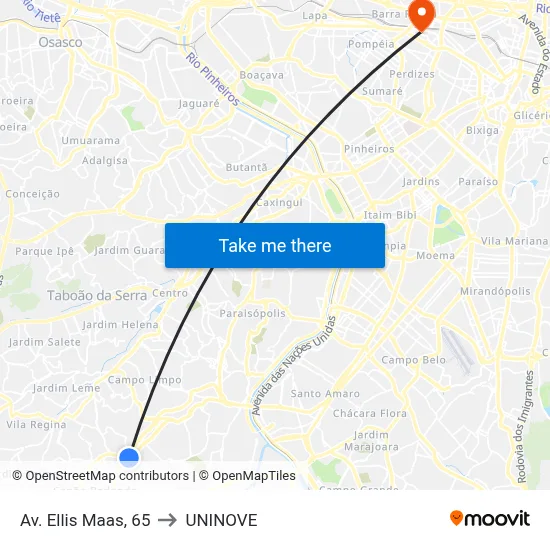 Av. Ellis Maas, 65 to UNINOVE map