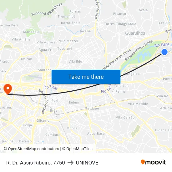 R. Dr. Assis Ribeiro, 7750 to UNINOVE map