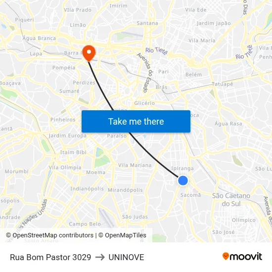 Rua Bom Pastor 3029 to UNINOVE map