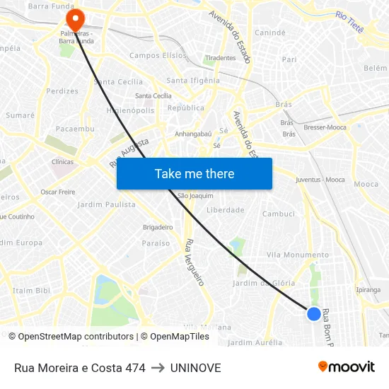 Rua Moreira e Costa 474 to UNINOVE map