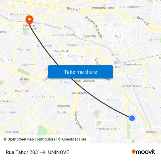 Rua Tabor 283 to UNINOVE map