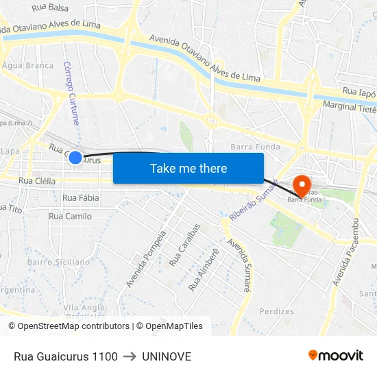 Rua Guaicurus 1100 to UNINOVE map