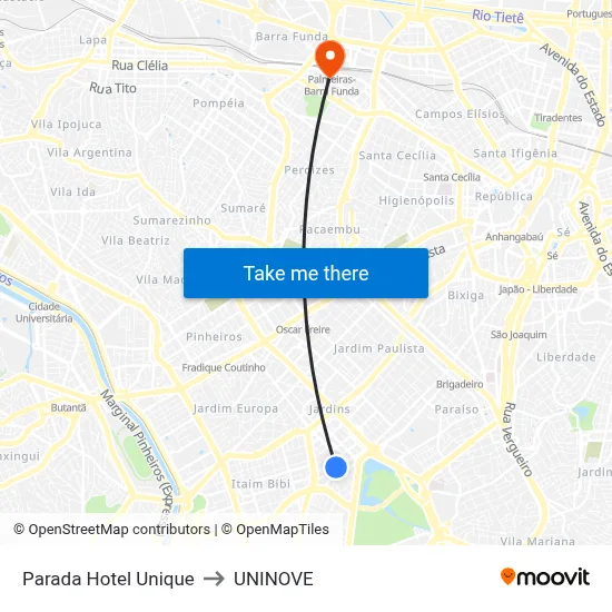 Parada Hotel Unique to UNINOVE map