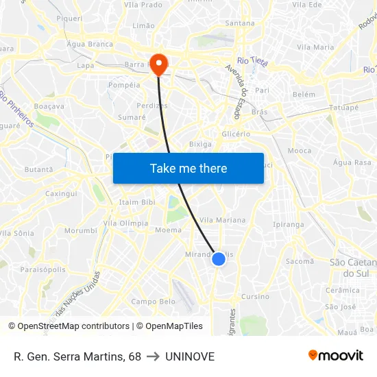 R. Gen. Serra Martins, 68 to UNINOVE map