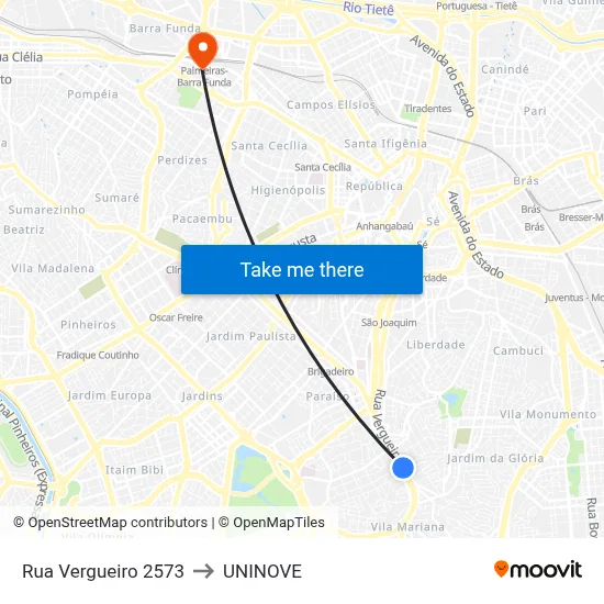 Rua Vergueiro 2573 to UNINOVE map
