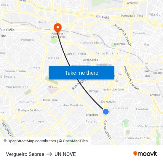 Vergueiro Sebrae to UNINOVE map
