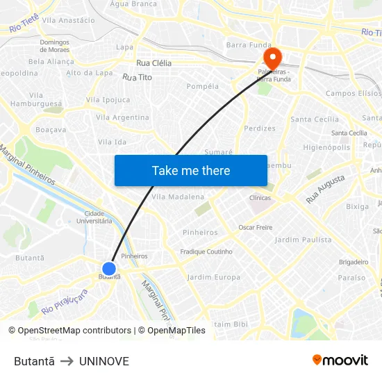 Butantã to UNINOVE map