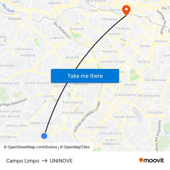 Campo Limpo to UNINOVE map
