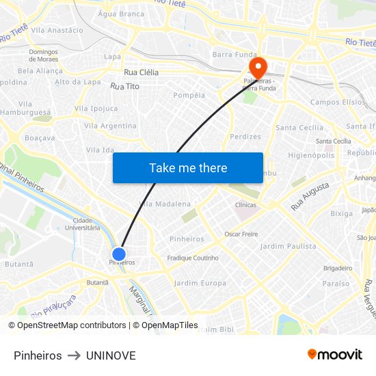 Pinheiros to UNINOVE map