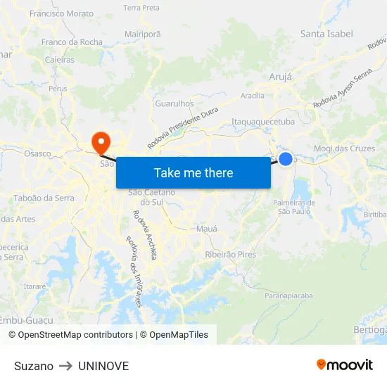 Suzano to UNINOVE map